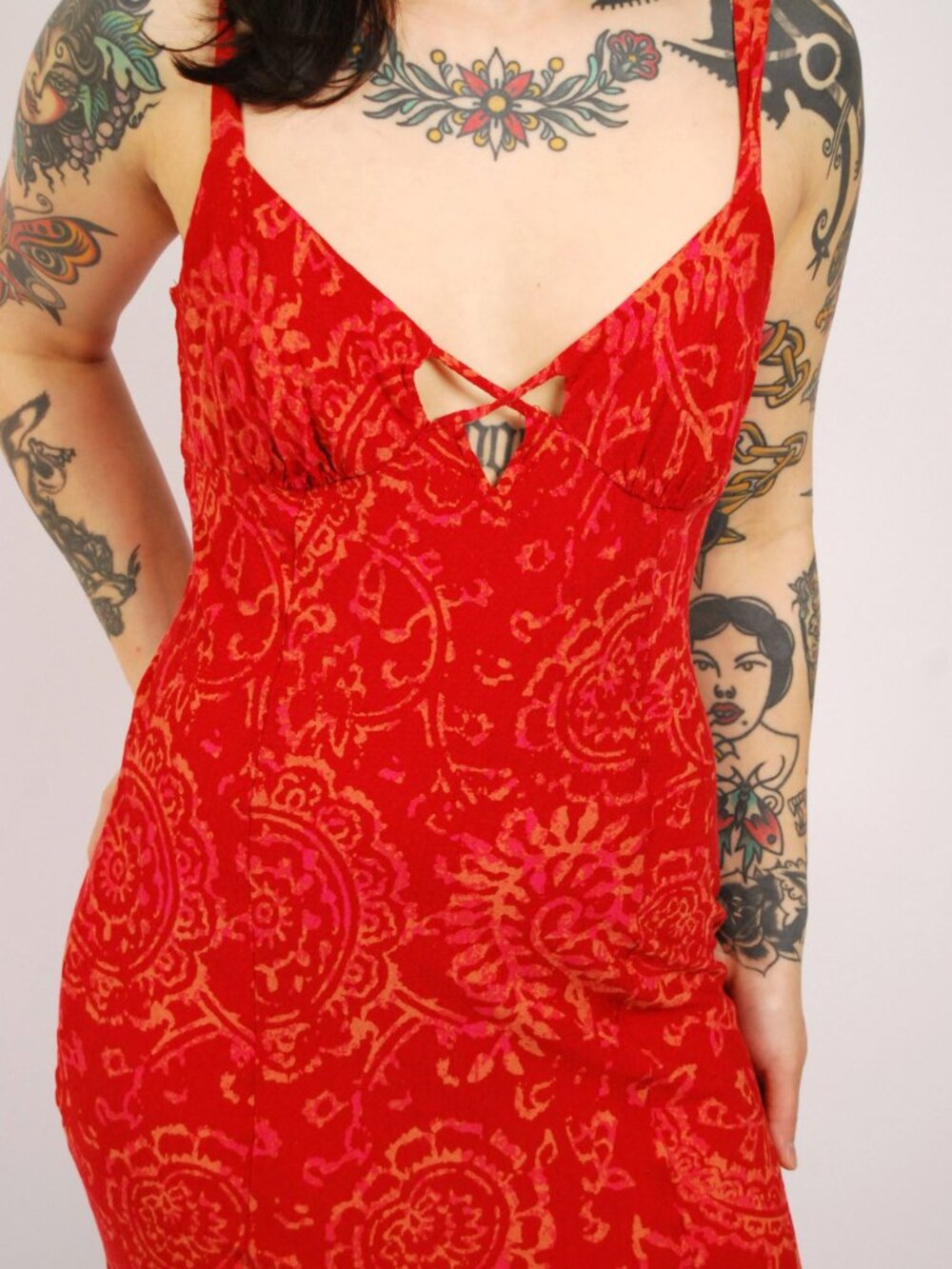 Y2K Free People Sundress (L) large red vintage maxi dress sleeveless print cute - Picture 7 of 10